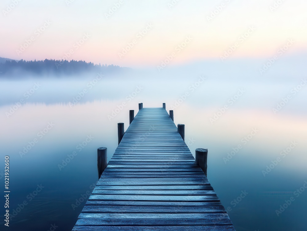 Fototapeta premium serene wooden pier stretching into misty lake at dawn. soft pastel hues paint sky, reflecting on glass-like water. ethereal atmosphere with gentle fog rolling across surface.