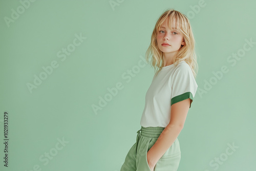 Person in white t-shirt with green edges and green sweatpants, green studio background, half-body portrait