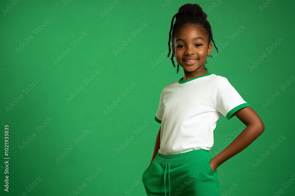 Person in white t-shirt with green edges and green sweatpants, green studio background, half-body portrait Person in white t-shirt with green edges and green sweatpants, green studio background, half-body portrait