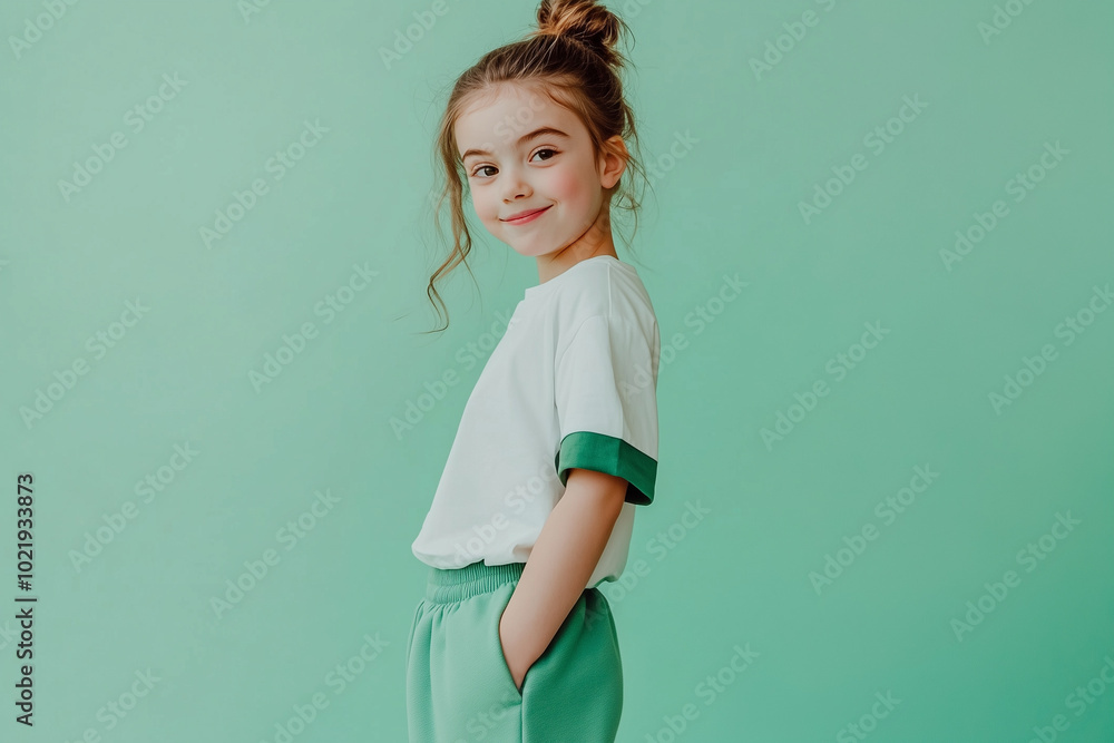 Person in white t-shirt with green edges and green sweatpants, green studio background, half-body portrait Person in white t-shirt with green edges and green sweatpants, green studio background, half-body portrait
