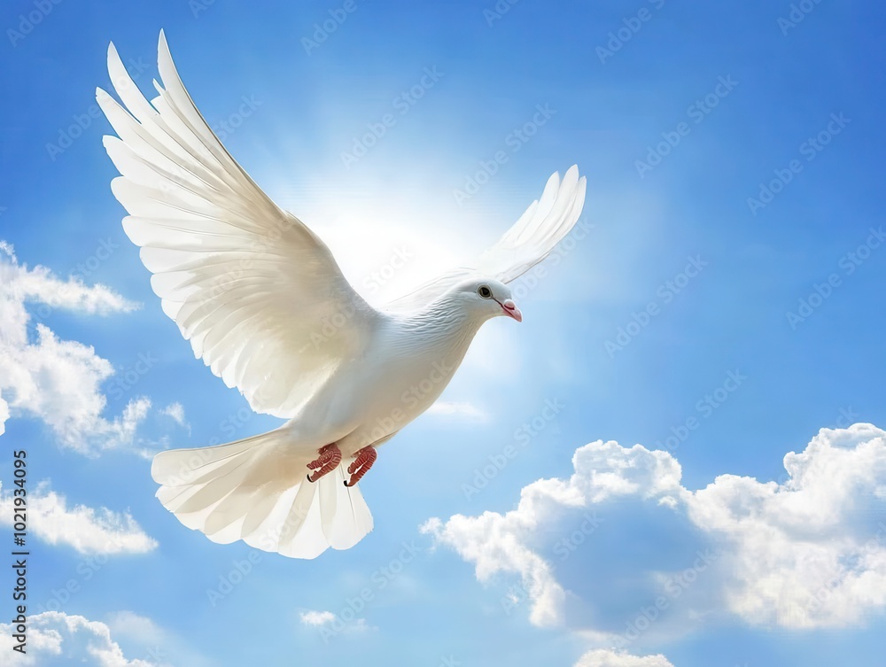 Fototapeta premium a beautiful white dove soaring against a clear blue sky, symbolizing peace and freedom, with soft sunlight illuminating its feathers, creating a serene and uplifting scene