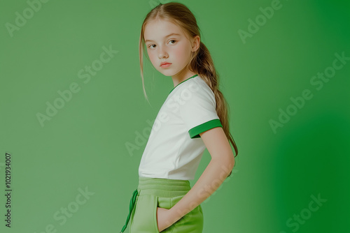 Person in white t-shirt with green edges and green sweatpants, green studio background, half-body portrait