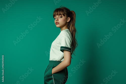 Person in white t-shirt with green edges and green sweatpants, green studio background, half-body portrait