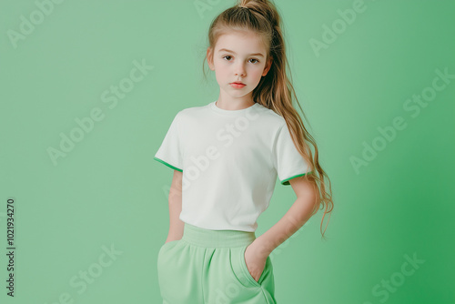Person in white t-shirt with green edges and green sweatpants, green studio background, half-body portrait