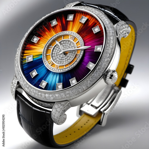 This image portrays an extraordinary luxury timepiece, blending photorealism with surreal design. The watch face is a visual symphony of abstract shapes, while the band flows like liquid metal, enhanc photo