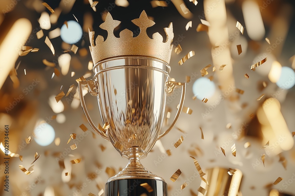 A Shiny Silver Trophy With a Crown Placed on Top, Surrounded by Confetti and Lights A Shiny Silver Trophy With a Crown Placed on Top, Surrounded by Confetti and Lights