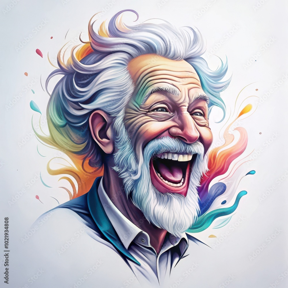 Laughing Elderly Man with Colorful Flowing Hair Laughing Elderly Man with Colorful Flowing Hair