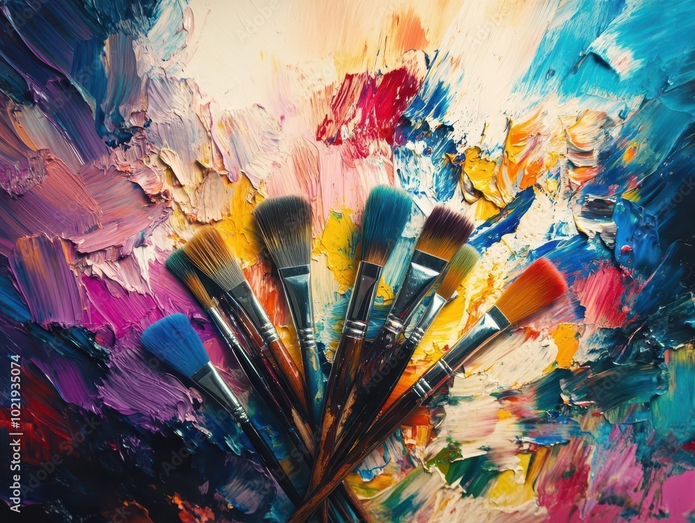 Fototapeta premium a colorful palette filled with various paintbrushes, each brush vibrant and expressive, perfectly arranged, ready to create a masterpiece in a studio filled with artistic inspiration