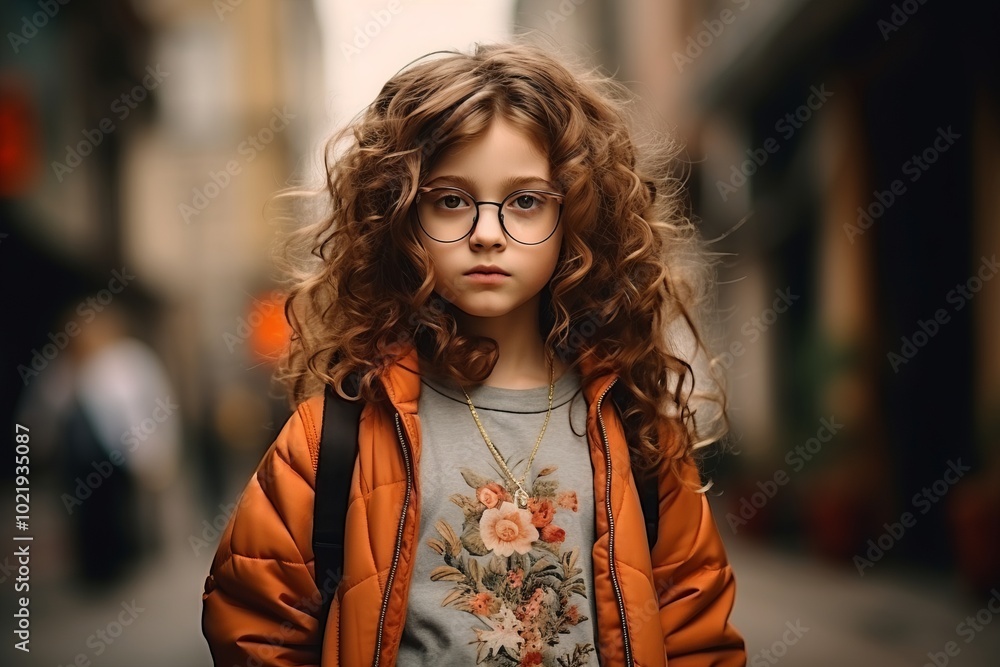 Portrait of a cute little girl with curly hair and glasses. Portrait of a cute little girl with curly hair and glasses.