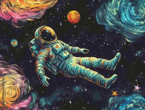 Wallpaper Mural a colorful astronaut floating in the vastness of space, surrounded by swirling galaxies and stars, creating an imaginative scene of cosmic exploration Torontodigital.ca