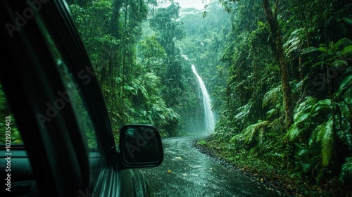 Driving through a rain forest, dense greenery and waterfalls seen through the car's side windows generative ai