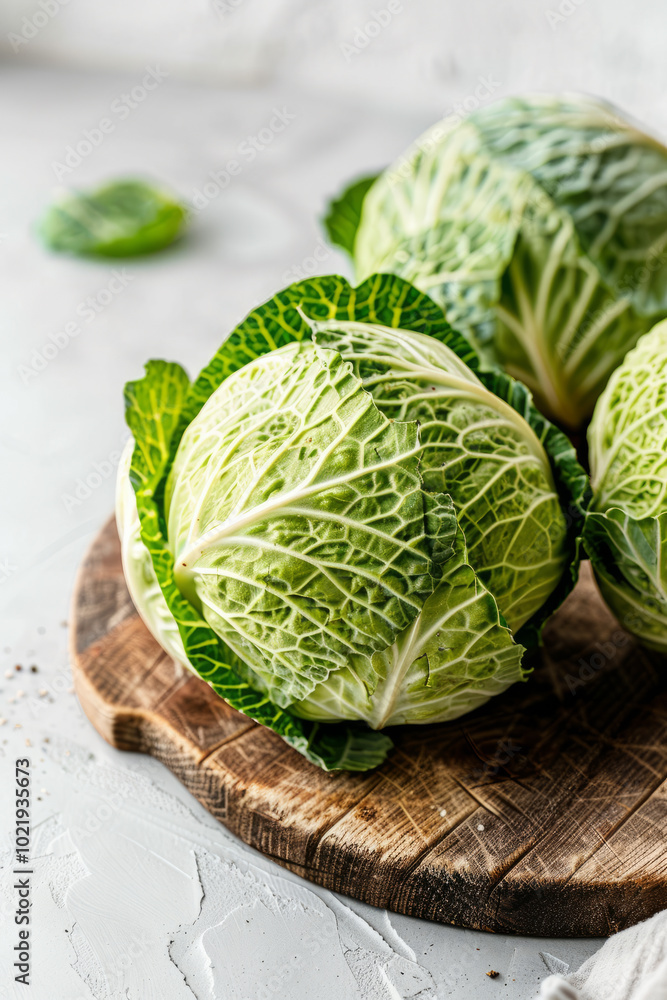 Fototapeta premium Fresh savoy cabbage on wooden cutting board on white background, vertical image