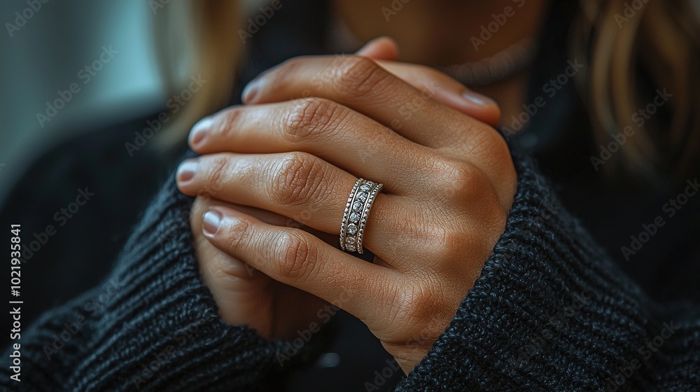 A close-up of a woman's hand with a diamond ring on the left and a diamond band on the right A close-up of a woman's hand with a diamond ring on the left and a diamond band on the right