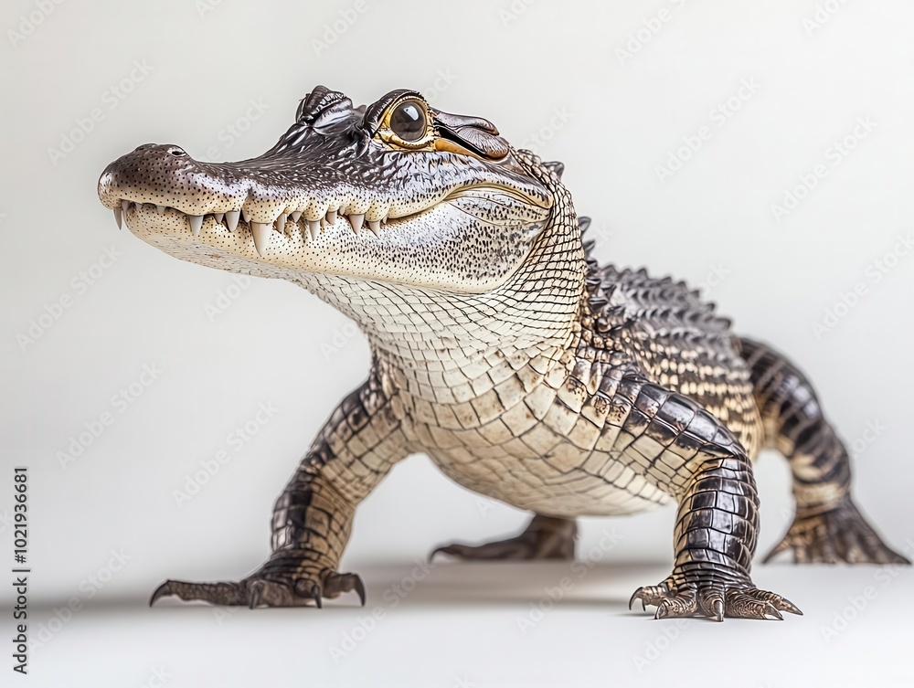 Fototapeta premium a fierce crocodile poised in a striking stance, set against a stark white background, showcasing its textured skin and sharp teeth in a captivating wildlife portrait
