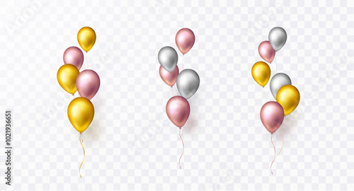 Balloon bunch set isolated on transparent background. Vector realistic gold, silver and golden rose festive 3d helium ballons template for anniversary, birthday party design