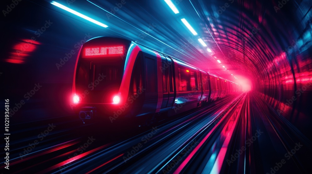 Fototapeta premium Futuristic subway train in vibrant tunnel with dynamic lighting.