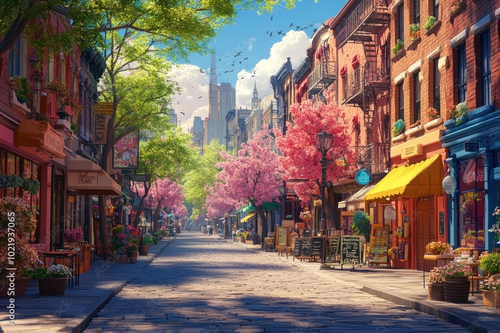 Fototapeta premium A charming, cobblestone street lined with colorful shops and blooming trees under a bright blue sky.