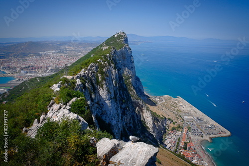 Panoramic Landscape of the Iconic Rock of Gibraltar Rising Above the Mediterranean