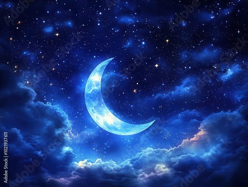 a luminescent crescent moon casting a soft glow in a star-filled night sky, evoking feelings of tranquility and wonder as it illuminates the darkness