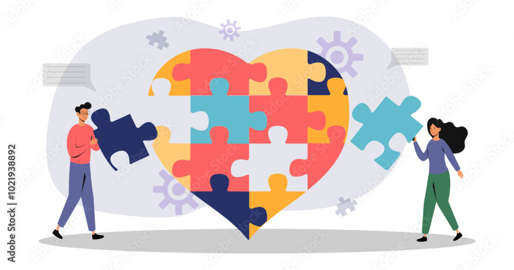 Two people assembling a colorful heart-shaped puzzle in a creative workspace Two people assembling a colorful heart-shaped puzzle in a creative workspace