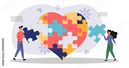 Two people assembling a colorful heart-shaped puzzle in a creative workspace