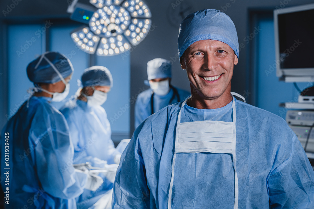 Portrait of male surgeon with team of doctors on background in operation room. Portrait of male surgeon with team of doctors on background in operation room.