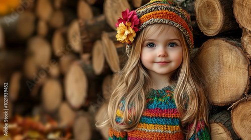 Autumn vives cute little blonde girl wearing comfy sweater and knitted cap, smiling at the camera	
 photo