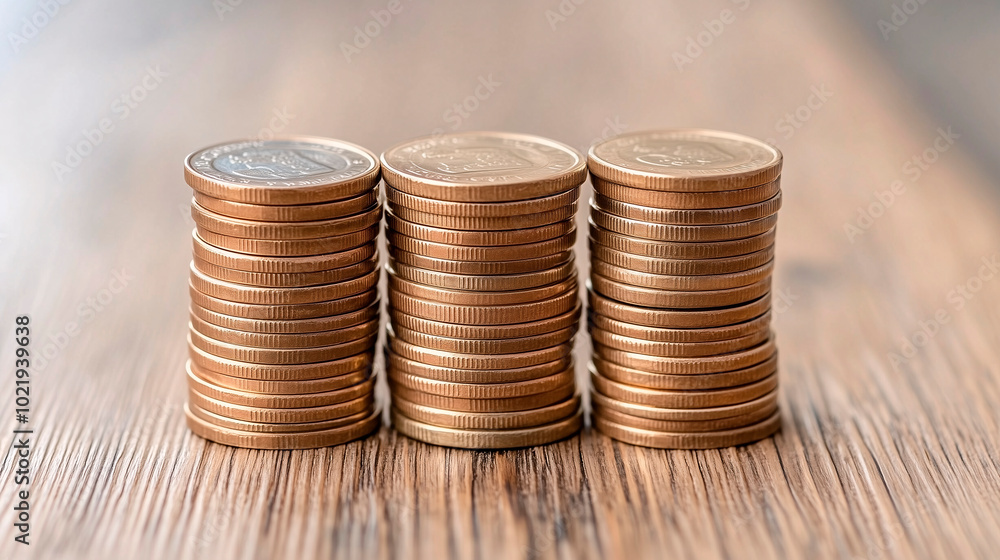 Pilas de monedas apiladas sobre superficie de madera Pilas de monedas apiladas sobre superficie de madera