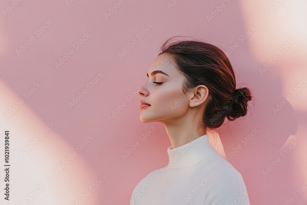 Serene Woman in Profile Against Pink Wall Serene Woman in Profile Against Pink Wall