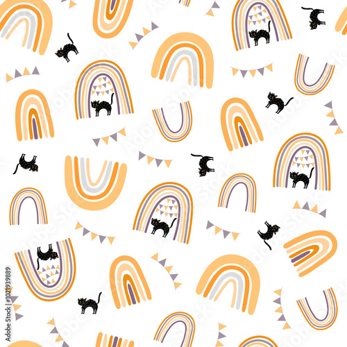 Halloween rainbow seamless pattern, simple hand drawn repeat illustration in trendy pastel colors, minimalist concept perfect for textile, celebration decor, cards, gift paper, papercraft