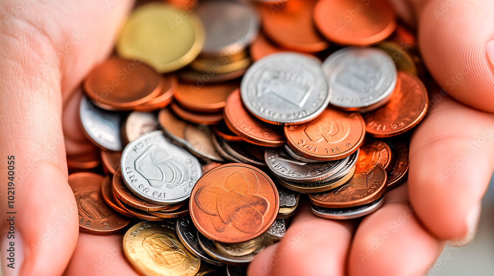 Manos sosteniendo un puñado de monedas de diferentes colores Manos sosteniendo un puñado de monedas de diferentes colores