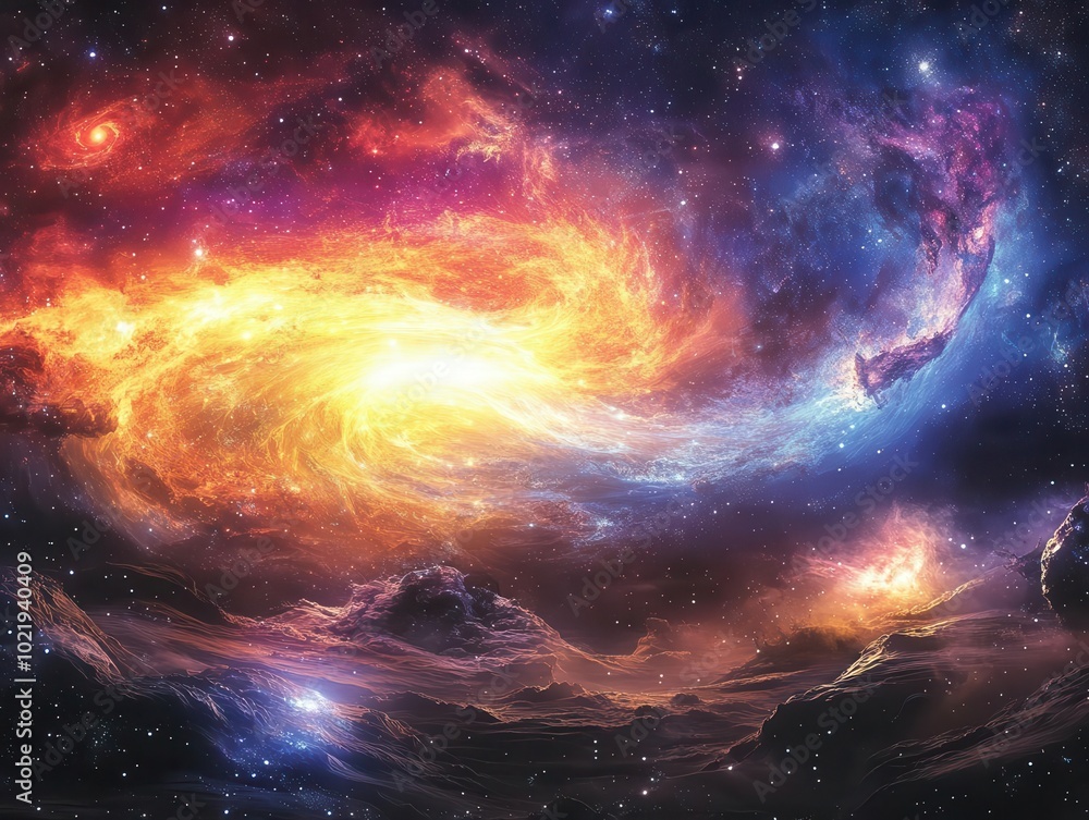 Naklejka premium a stunning portrayal of a multicolored outer space scene filled with vibrant stars, swirling galaxies, and ethereal nebulae, inviting viewers to explore the cosmos