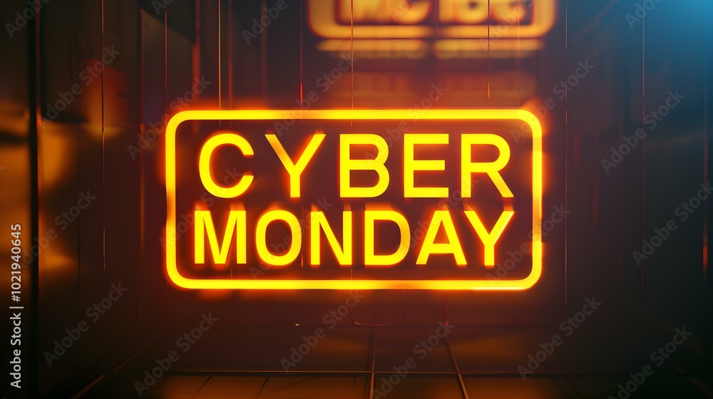 Fototapeta premium Yellow 'CYBER MONDAY' Neon Sign on an elegant Dark Background