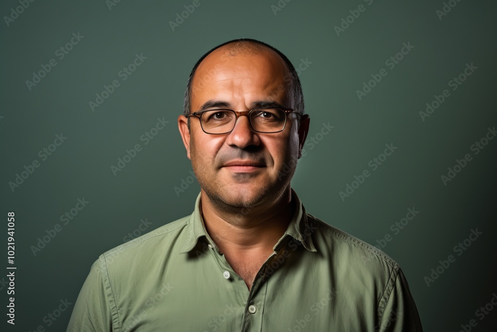 Bald man with green shirt and glasses on a dark green background Bald man with green shirt and glasses on a dark green background