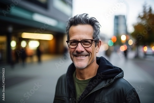 Portrait of a handsome middle-aged man with glasses in the city