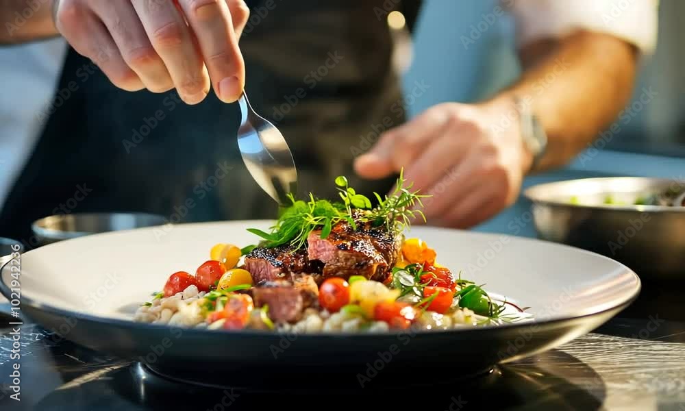 Chef Finishing a Gourmet Steak Dish with Garnish Chef Finishing a Gourmet Steak Dish with Garnish