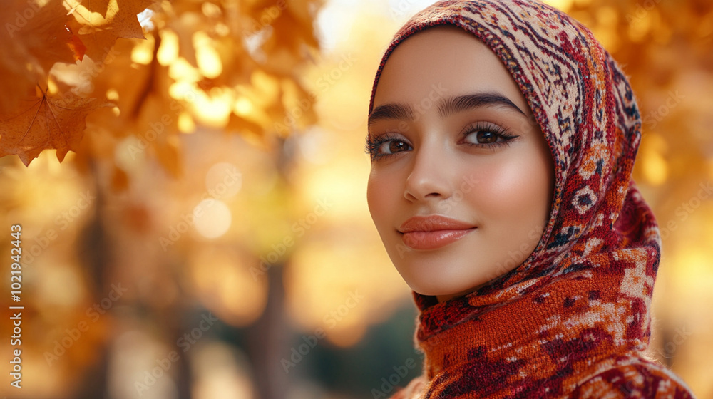 Autumn vibes - portrait of beautiful muslim young woman with yellow and orange leaves in the background Autumn vibes - portrait of beautiful muslim young woman with yellow and orange leaves in the background