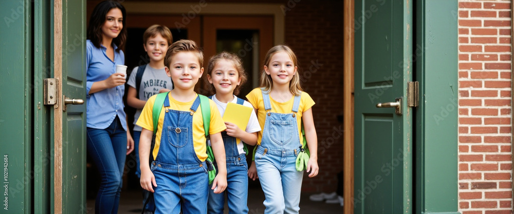 Fototapeta premium group of school childs coming out the school