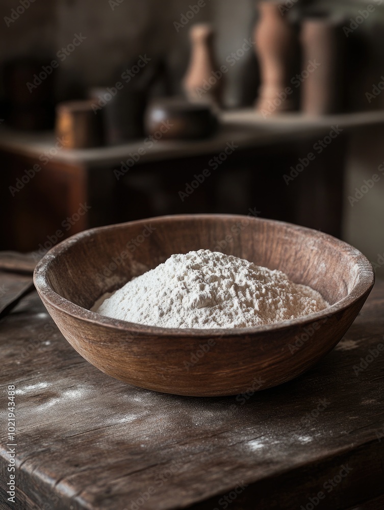 Artisanal Baking: Freshly Ground Flour in Wooden Bowl Artisanal Baking: Freshly Ground Flour in Wooden Bowl