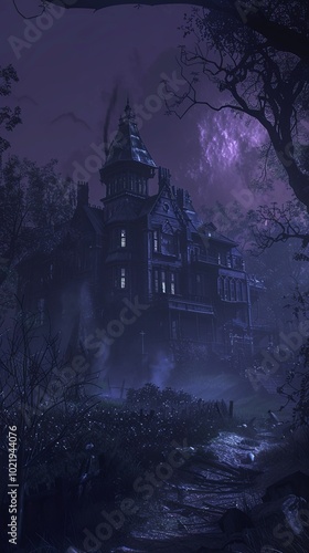 Haunted house in the dark night, spooky background, cartoon style, purple and...