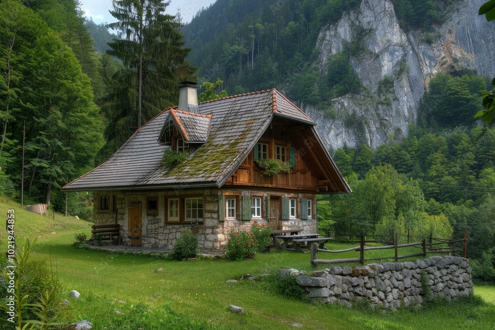 Charming stone chalet with a moss covered roof sits serenely in a lush green valley surrounded by towering mountains Charming stone chalet with a moss covered roof sits serenely in a lush green valley surrounded by towering mountains