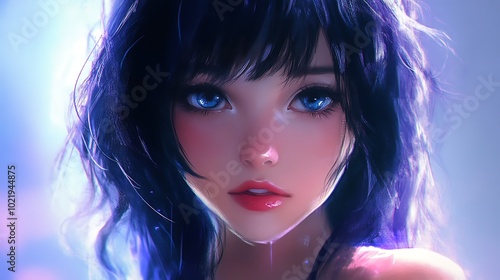 Anime Girl Portrait with Blue Eyes and Pink Cheeks