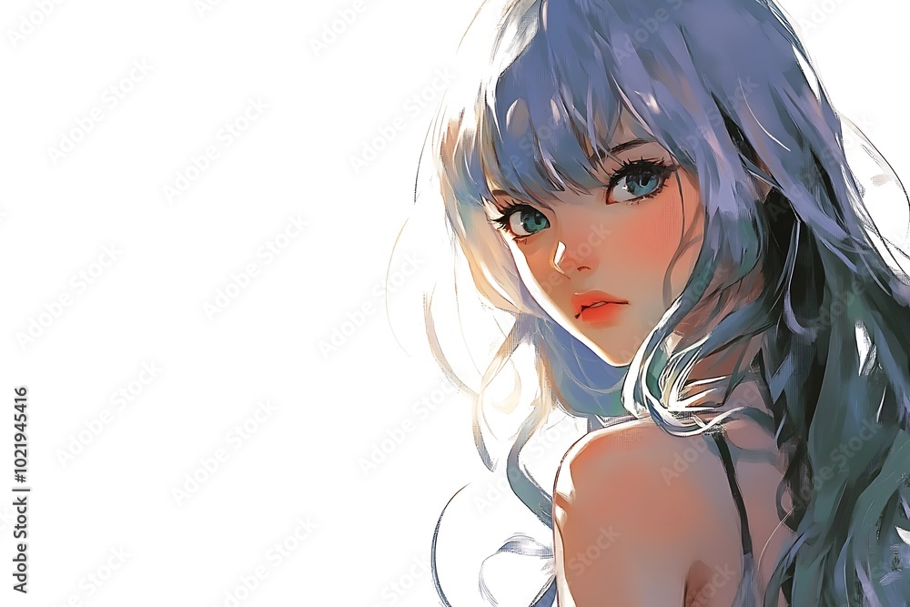 Anime girl with blue hair looking over her shoulder