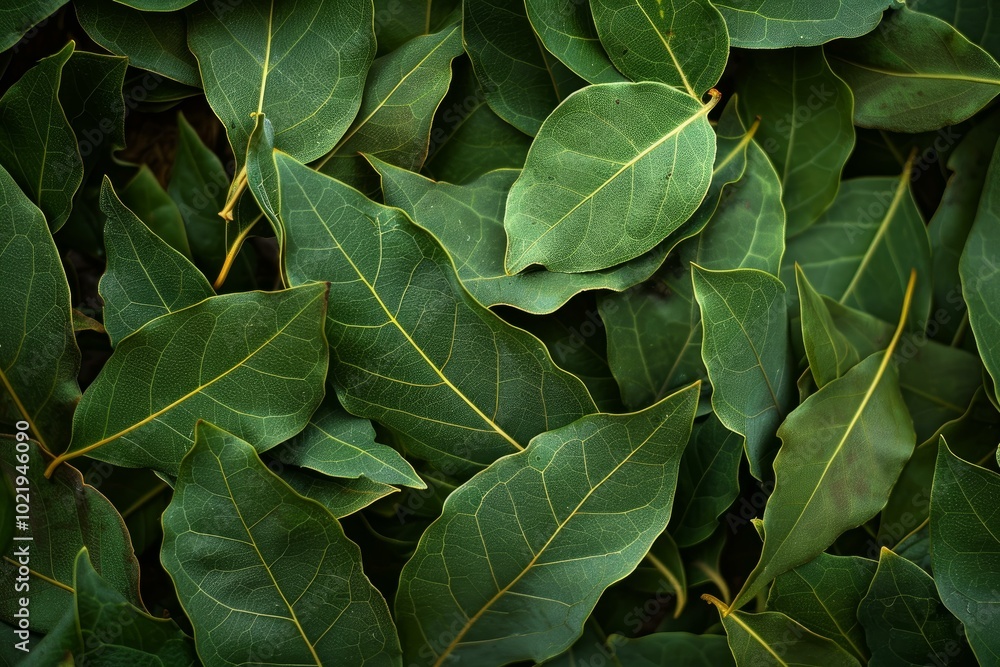 Many fragrant bay leaves are laying on a surface, creating an interesting background Many fragrant bay leaves are laying on a surface, creating an interesting background
