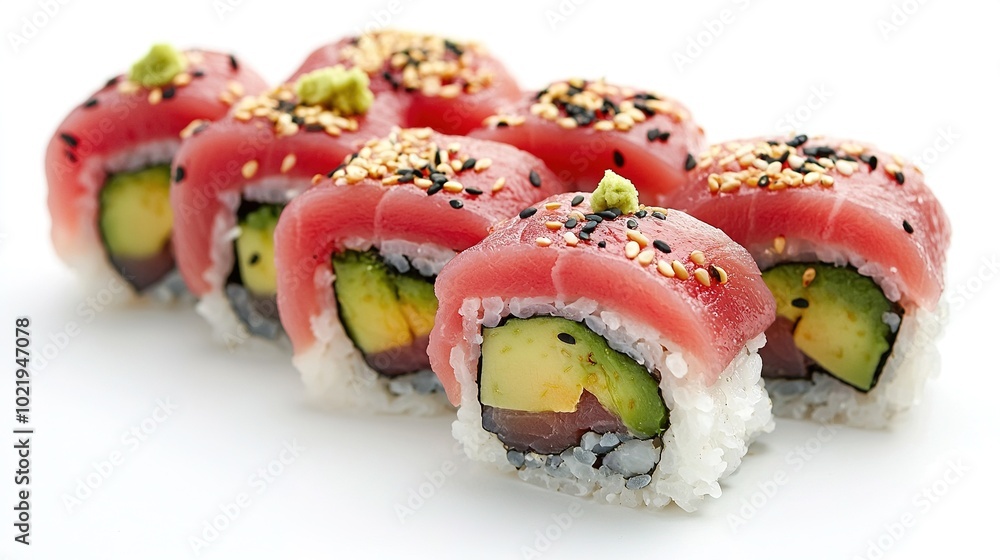 A collection of sushi rolls adorned with cucumber slices and black sesame seeds against a pristine white backdrop A collection of sushi rolls adorned with cucumber slices and black sesame seeds against a pristine white backdrop