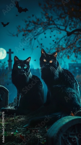 Two black cats with glowing eyes sit on the cemetery in front of tombstones,...