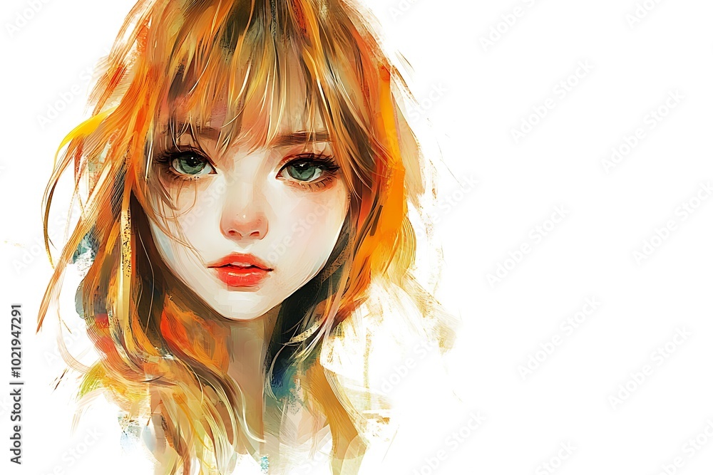 Obraz premium Anime girl portrait with watercolor style and orange hair on a white background