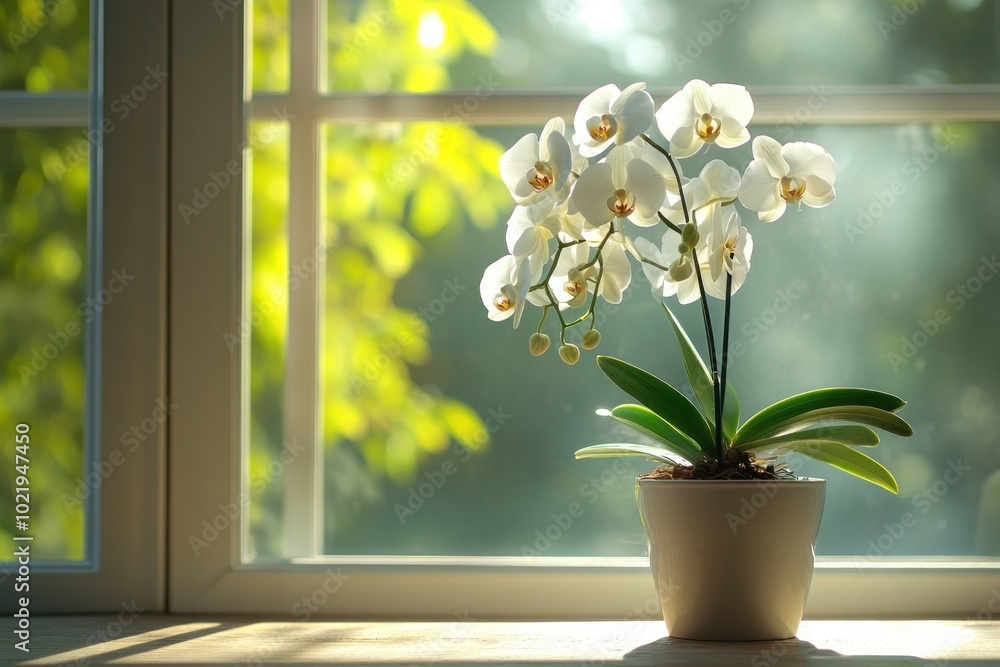 Elegant White Orchid in Pot by Window Elegant White Orchid in Pot by Window
