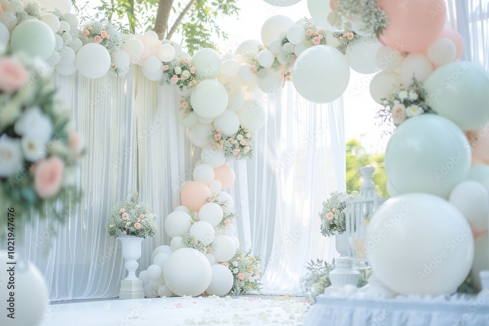 The venue is beautifully decorated with an array of white and pastel balloons, creating a charming ambiance for a wedding ceremony. Generative AI