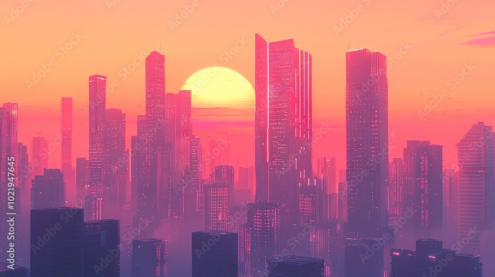 Cityscape at dusk with towering skyscrapers Cityscape at dusk with towering skyscrapers